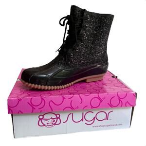 NEW Sugar Skipper Glitters DUCK BOOTS Women 8 SHOES Black Rain Snow Boot Lace Up